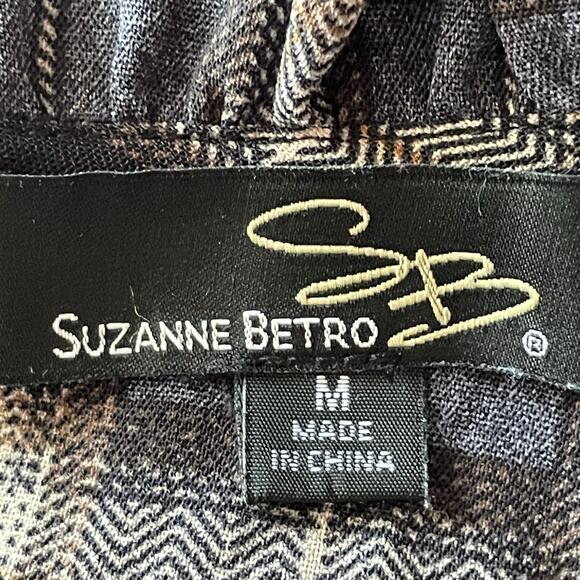 Suzanne Betro Black Tan Plaid Top MED Smocked Bodice Ruffled Peplum Peasant Boho - Picture 9 of 10